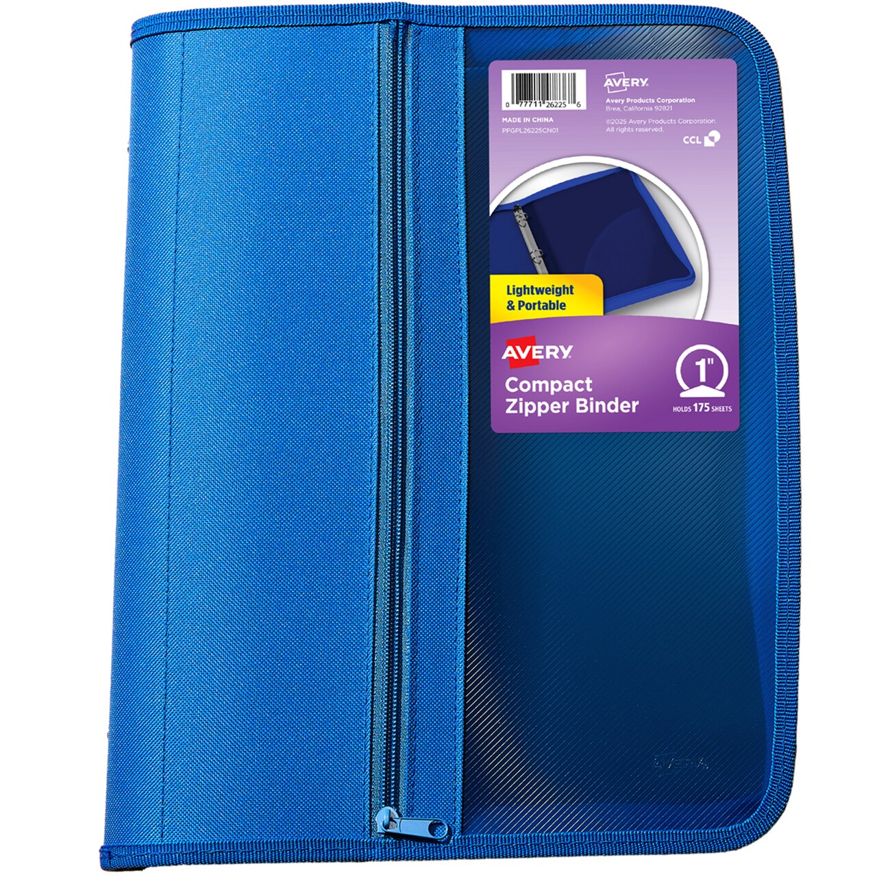 Avery Zipper 3 Ring Binder, 1" Round Rings, 175-Sheet Capacity, Blue, Durable Binder Organizers with Pocket for Extra Storage (26225)